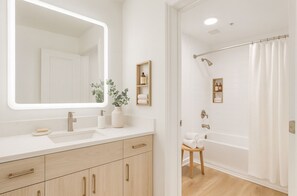 Hair dryer, towels, soap, toilet paper