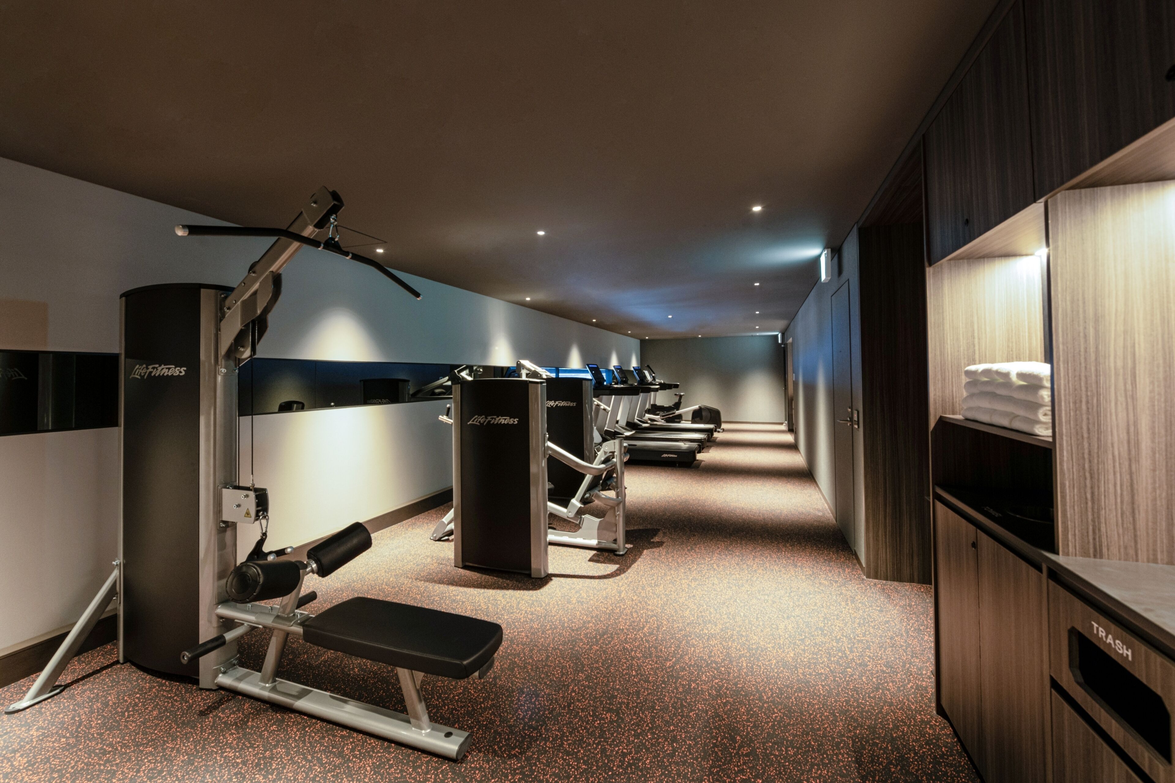 A gym with various exercise equipment, including a bench press, a squat rack, and treadmills.