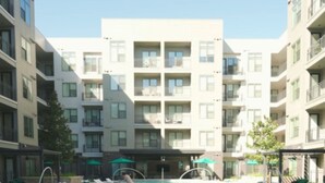 A swimming pool surrounded by modern buildings with balconies, a clear sky, and a tiled floor. - The Blue Pearl Retreat (Houston)