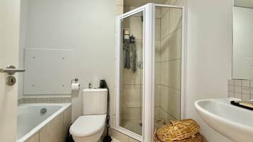 Hair dryer, towels, soap, shampoo