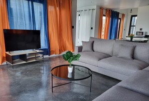 Een moderne woonkamer met een grijze bank, een flatscreen televisie en een salontafel met een plant.