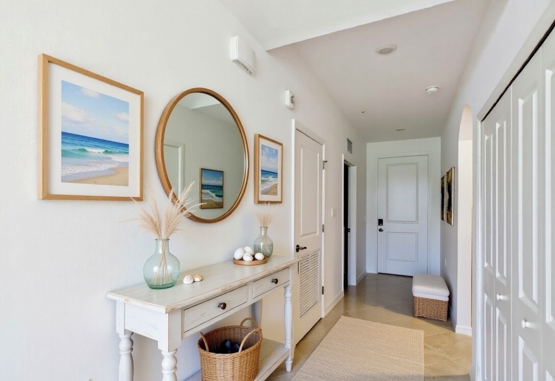 Un couloir avec une console blanche, un miroir, des tableaux encadrés et une porte donnant sur une autre pièce.