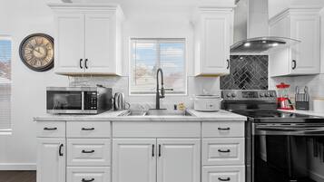 Fridge, microwave, coffee/tea maker, toaster