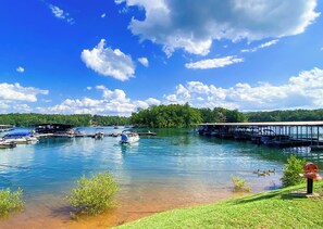 A marina with boats docked, a grassy area, and a clear blue sky. - Summit Trail Lodge – Mountain Views, Sauna, Game Room, Hot Tub (Blue Ridge)