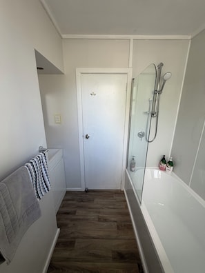 Hair dryer, towels, soap, shampoo