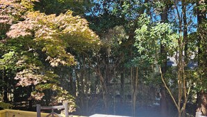 A wooden deck with a table and chairs, surrounded by trees and a wooden fence. - PriMary EVolution Properties ~ Atlanta - convenient, comfy, chic 3 bedroom home  (Atlanta)