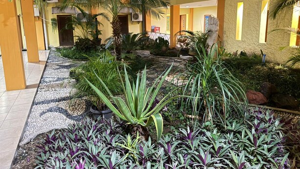Een meerlaagse binnentuin met verschillende planten en een betegelde vloer.