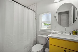 Hair dryer, towels, soap, toilet paper