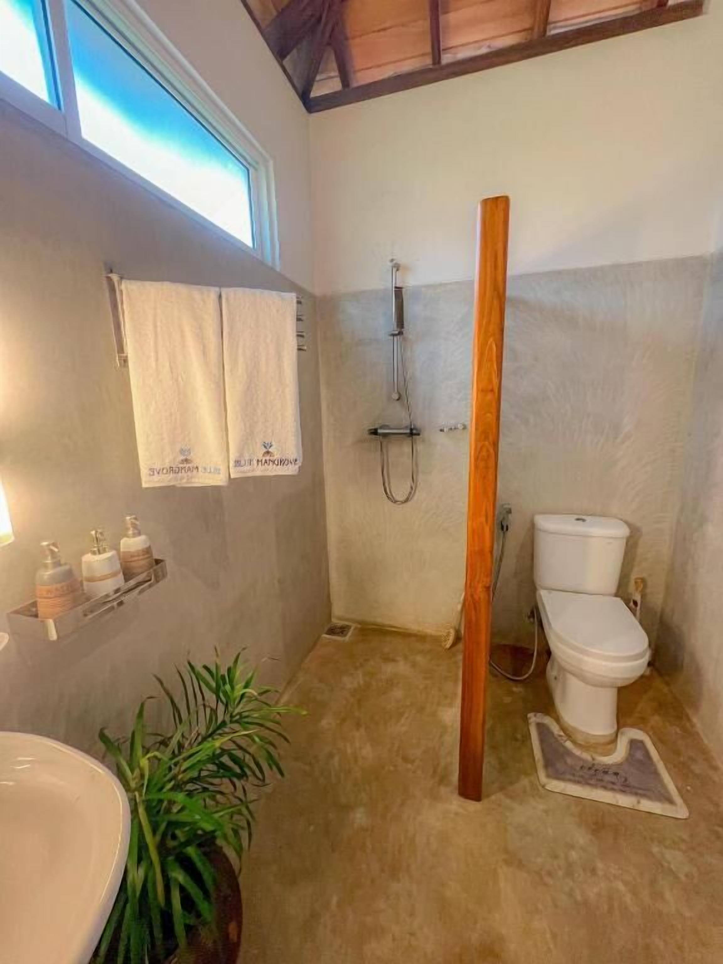 A bathroom with a shower, toilet, and sink. There are towels hanging on the wall and a plant near the sink.