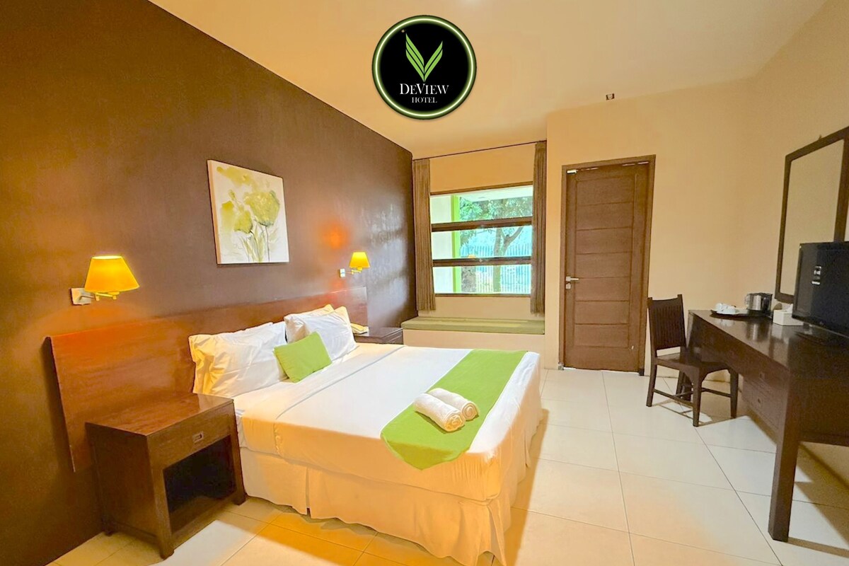 A hotel room with a bed, bedside lamps, a desk with a chair, a television, and a window with a view of greenery.