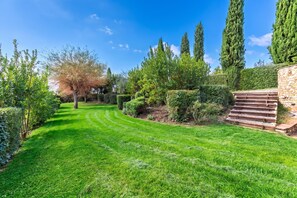 Ein gepflegter Garten mit verschiedenen Bäumen, einem ordentlich geschnittenen Rasen und einer Steinmauer mit Stufen.