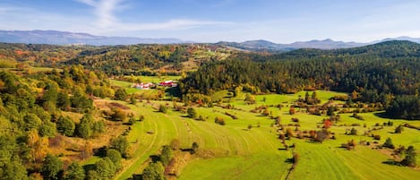 Vista panorámica de un paisaje rural con campos verdes ondulantes, árboles dispersos y montañas lejanas bajo un cielo azul despejado.