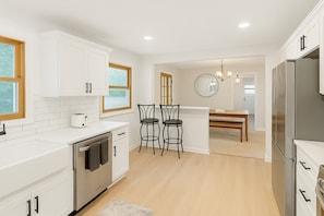 Fridge, microwave, oven, stovetop - Modern 3BR + Office • Dog-Friendly w/ Fenced Yard (South Euclid)