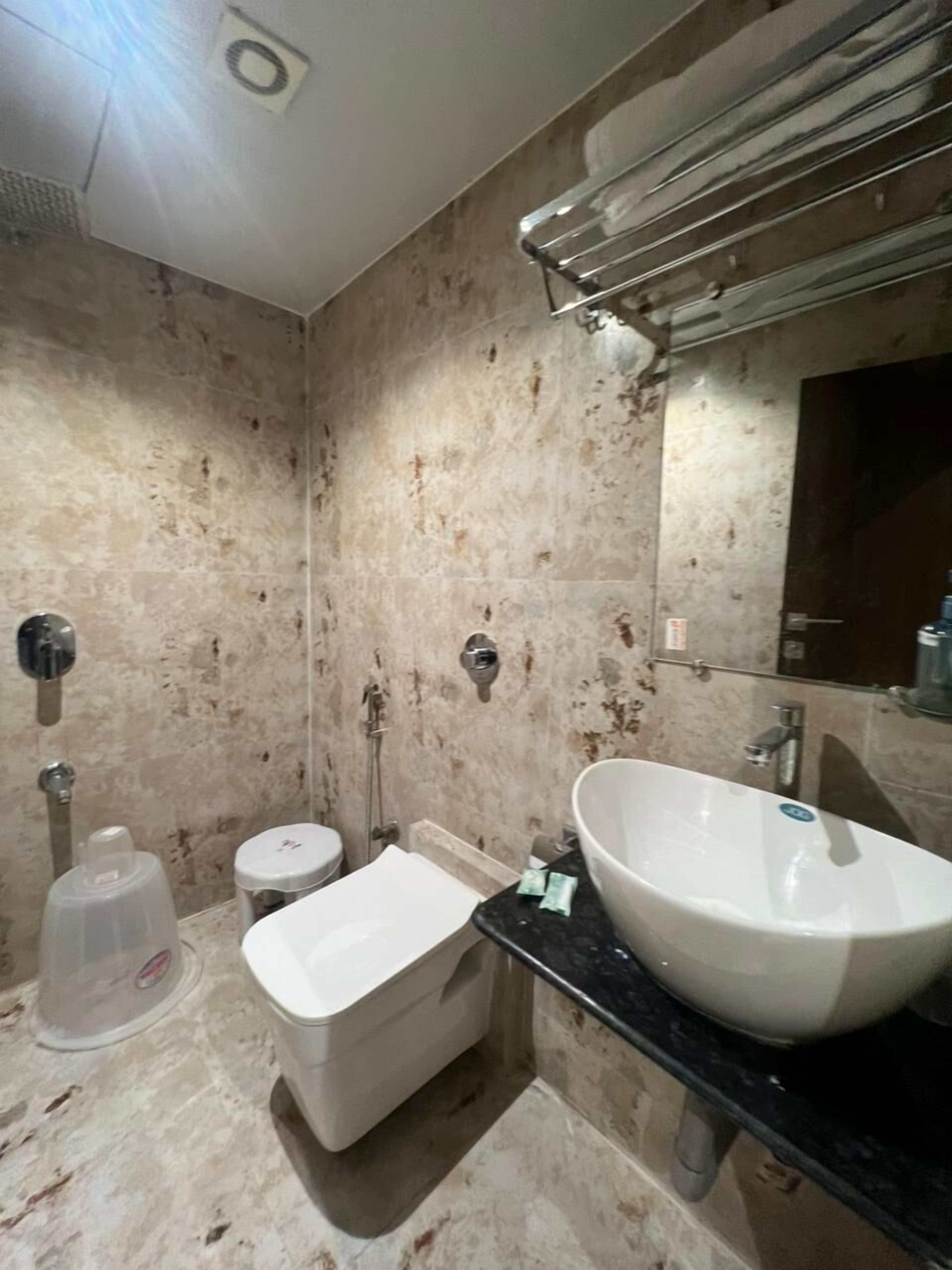 A bathroom with a large sink, a toilet, and a shower.