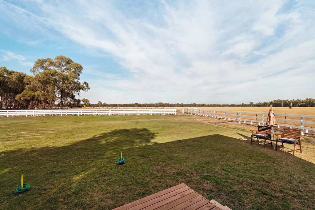 An outdoor equestrian arena with a wooden deck, white fences, and trees in the background.