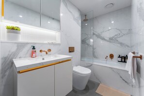 Shower, hair dryer, towels, toilet paper