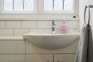 Hair dryer, towels, soap, shampoo