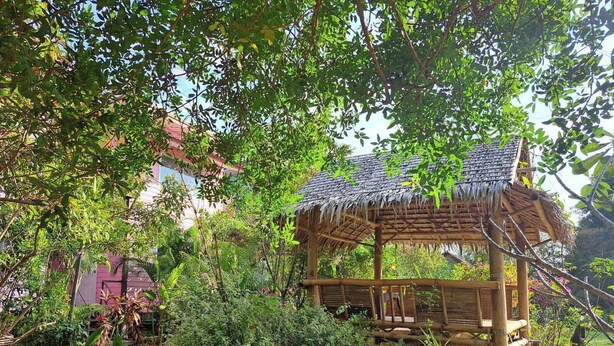 A rustic wooden gazebo surrounded by lush greenery and a concrete path. - Ban Roi Pah (Khlong Luang)