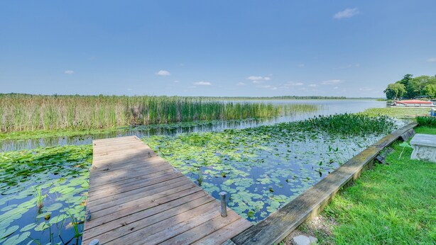 A wooden dock extending into a pond with lily pads, surrounded by grassy areas and a clear sky. - Lakefront Getaway, 2-bedroom house with kayaks and deck (East Tawas)