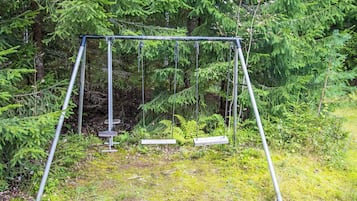 Altalena in una zona boschiva con alberi verdi e fitta vegetazione, terreno muschioso.