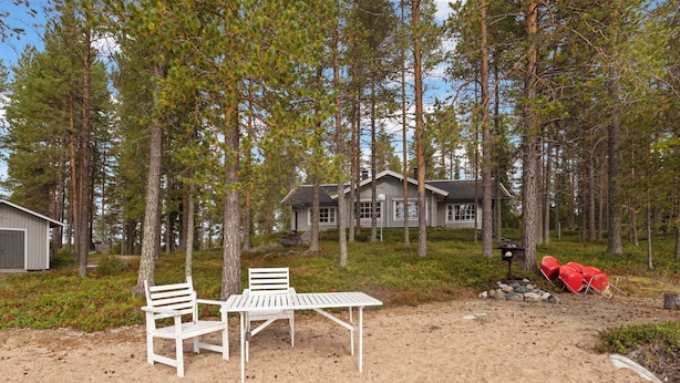 Un espace extérieur sablonneux avec une table blanche et deux chaises, entouré de grands pins et d’une cabane en arrière-plan.