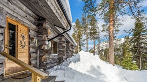 Une cabane en rondins avec une porte en bois et des marches menant à l’entrée, entourée de neige et d’arbres.