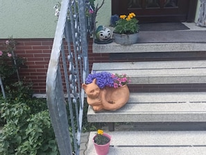 A set of concrete steps leading to a door, with a terracotta pot with flowers on the first step. - Apartment in the Vogtland with terrace (Werda)
