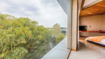 Desk, laptop workspace, blackout curtains, free WiFi