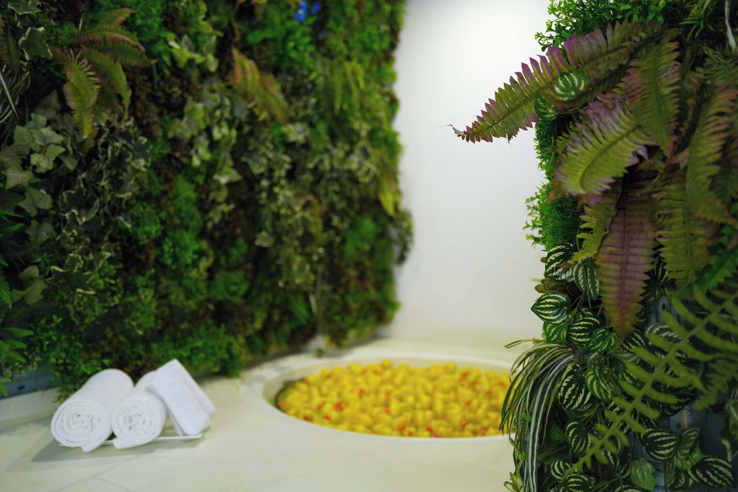 A room with a moss wall, a bowl of corn kernels, and rolled towels.