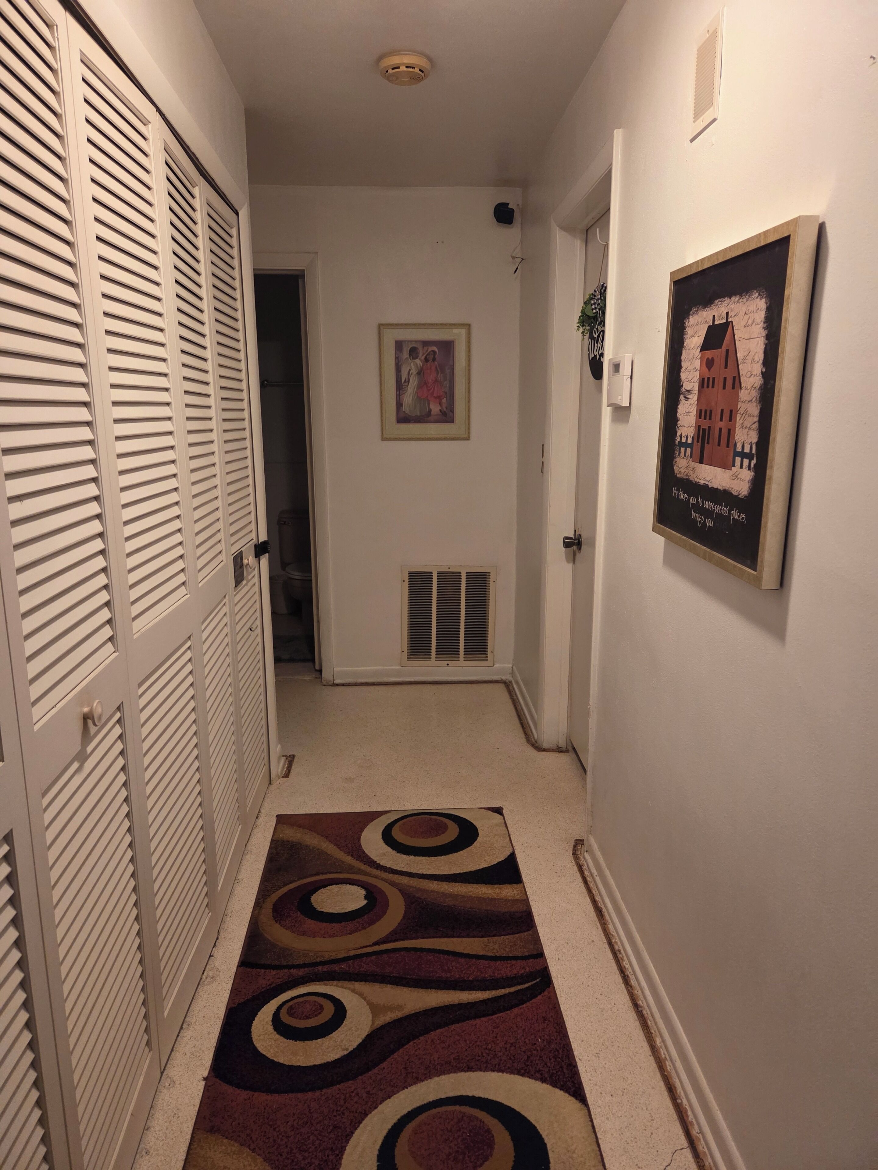 Un pasillo con un tapiz estampado, un cuadro enmarcado en la pared y una puerta con persianas.