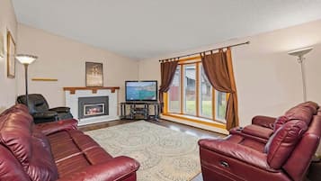 TV, fireplace, books, offices