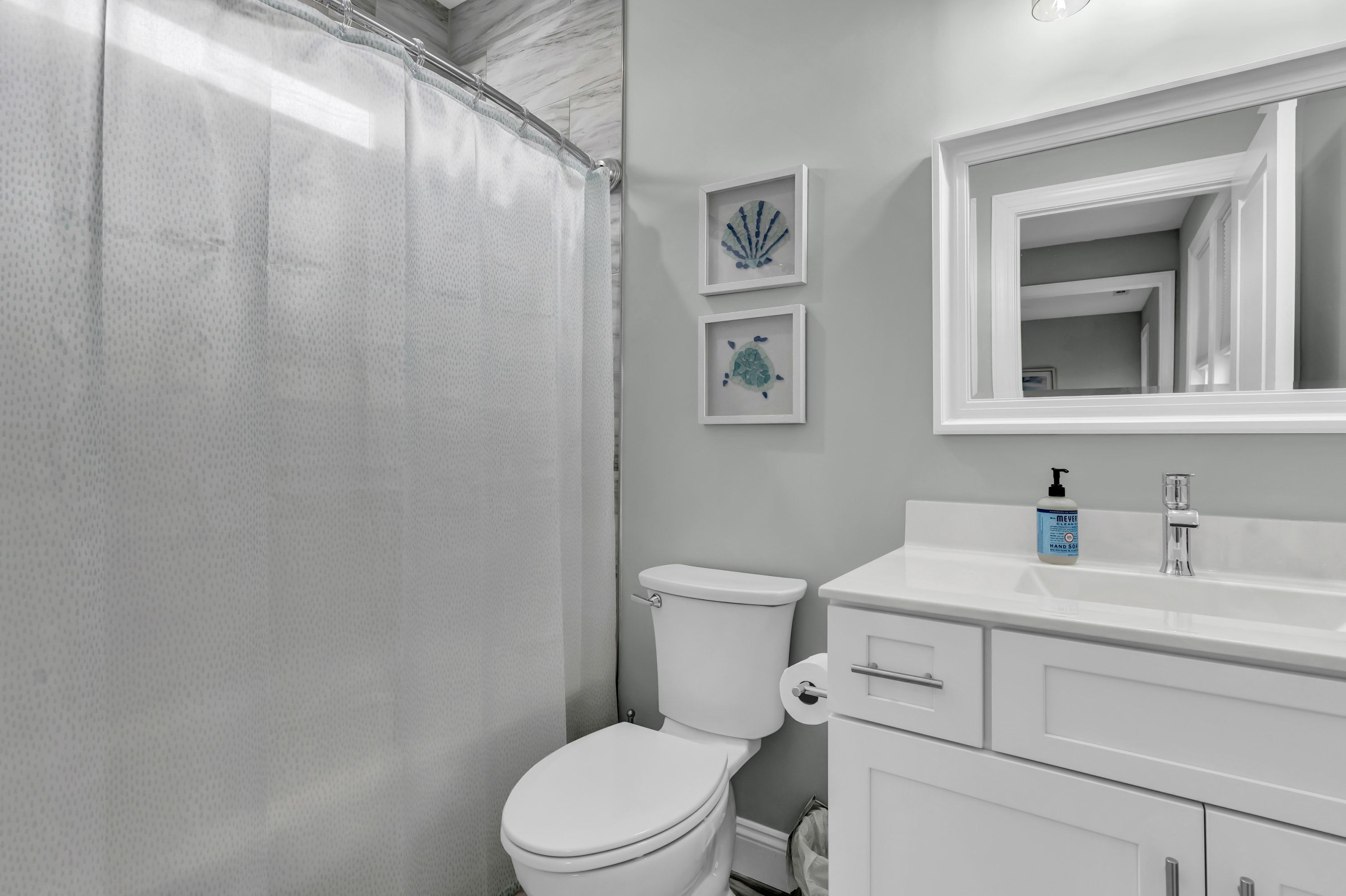 Een badkamer met toilet, douchegordijn, wastafel met spiegel en twee ingelijste kunstwerken aan de muur.