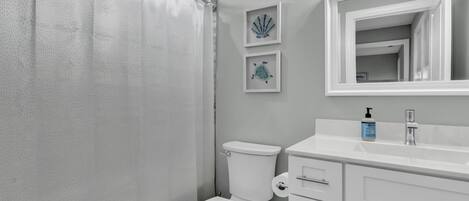 Een badkamer met toilet, douchegordijn, wastafel met spiegel en twee ingelijste kunstwerken aan de muur.