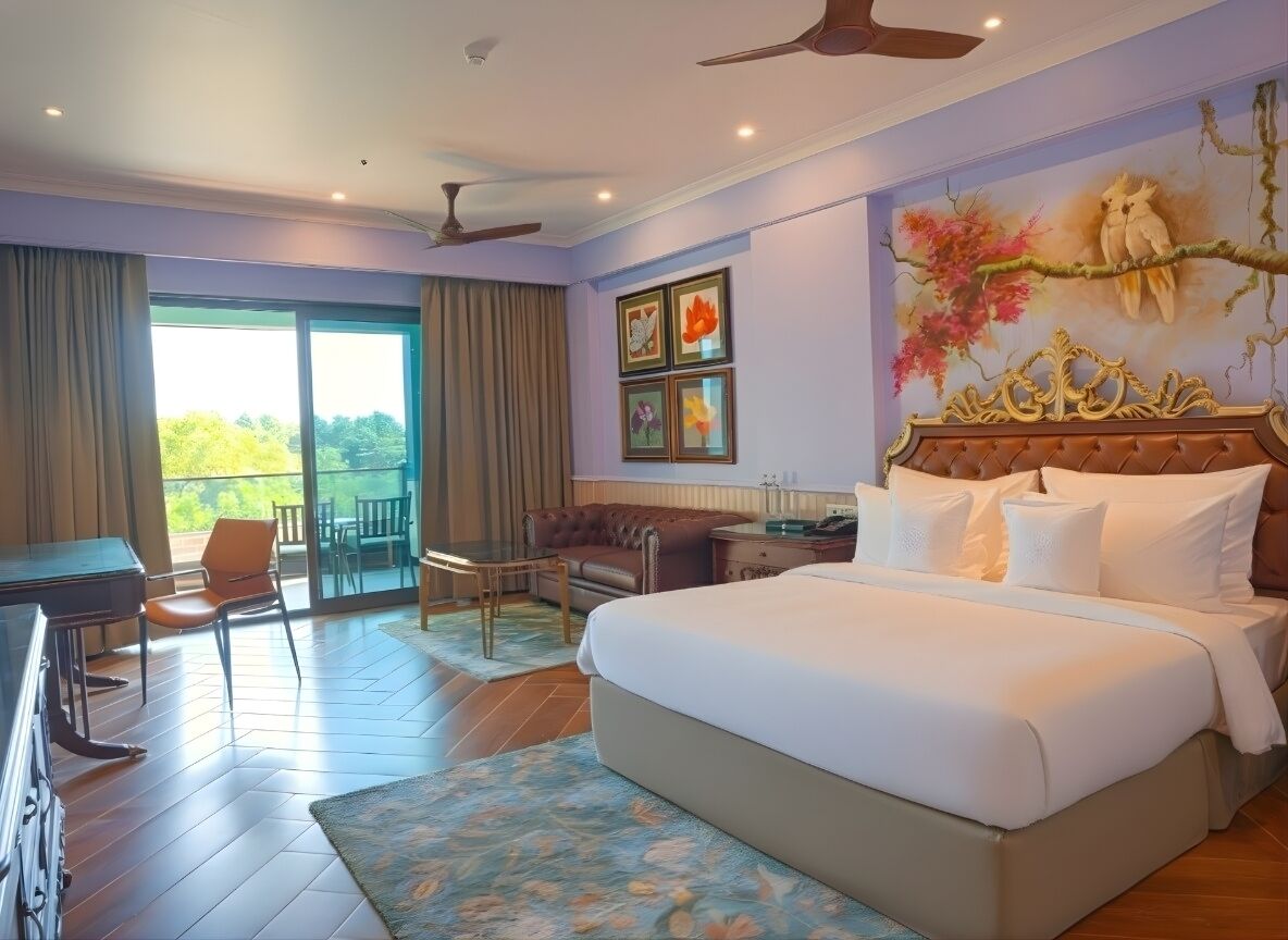 Kamar Double Premium, balkon, pemandangan kolam renang | Meja kerja, ruang kerja ramah laptop, dan setrika/meja setrika