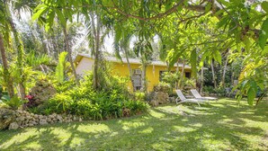 A yellow house surrounded by lush greenery and a small lawn with two white lounge chairs. - Gateway to the Everglades! Tropical Jungle Cottage (Miami)