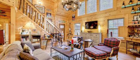 Télévision, cheminée, livres, vidéothèque