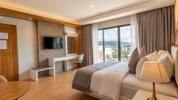 A hotel room with a bed, desk, chair, TV, and large windows. - Doña Manor Boutique Hotel (Olongapo)