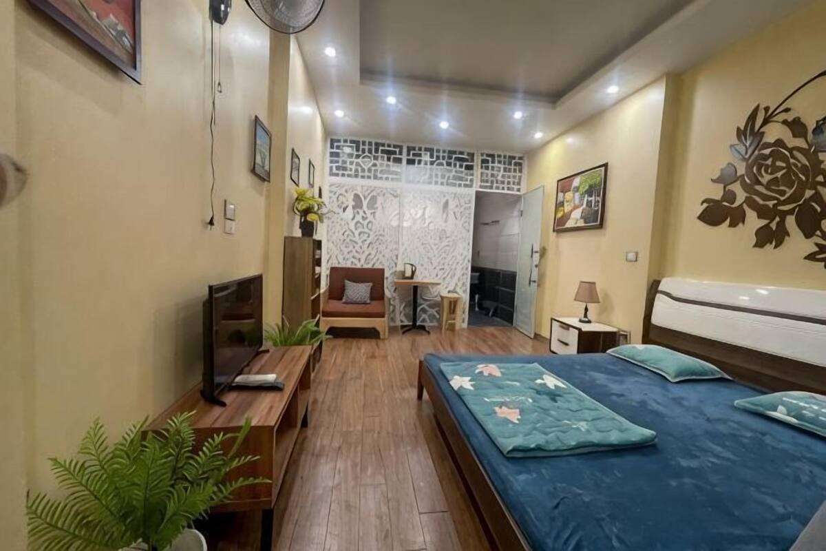 Quarto com cama, escrivaninha, cadeira, televisão e planta.