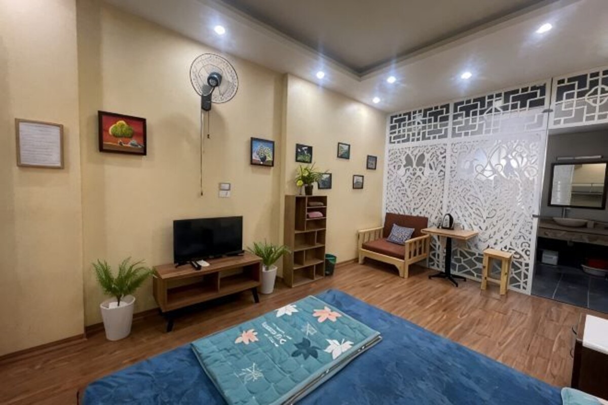 A living room with a TV, shelving, a fan, a sofa, and a decorative partition.