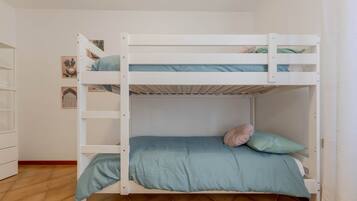 Ein Stockbett mit blauer Matratze und Kissen, ein weißer Kleiderschrank und ein Fliesenboden.