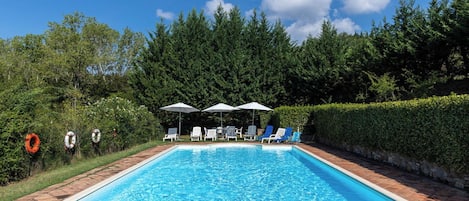 Una piscina rectangular con agua azul cristalina, rodeada por un deck de ladrillo. Hay sillones de descanso y sombrillas a lo largo de la piscina.