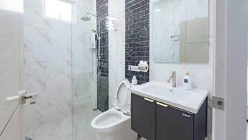 Shower, hair dryer, towels, soap