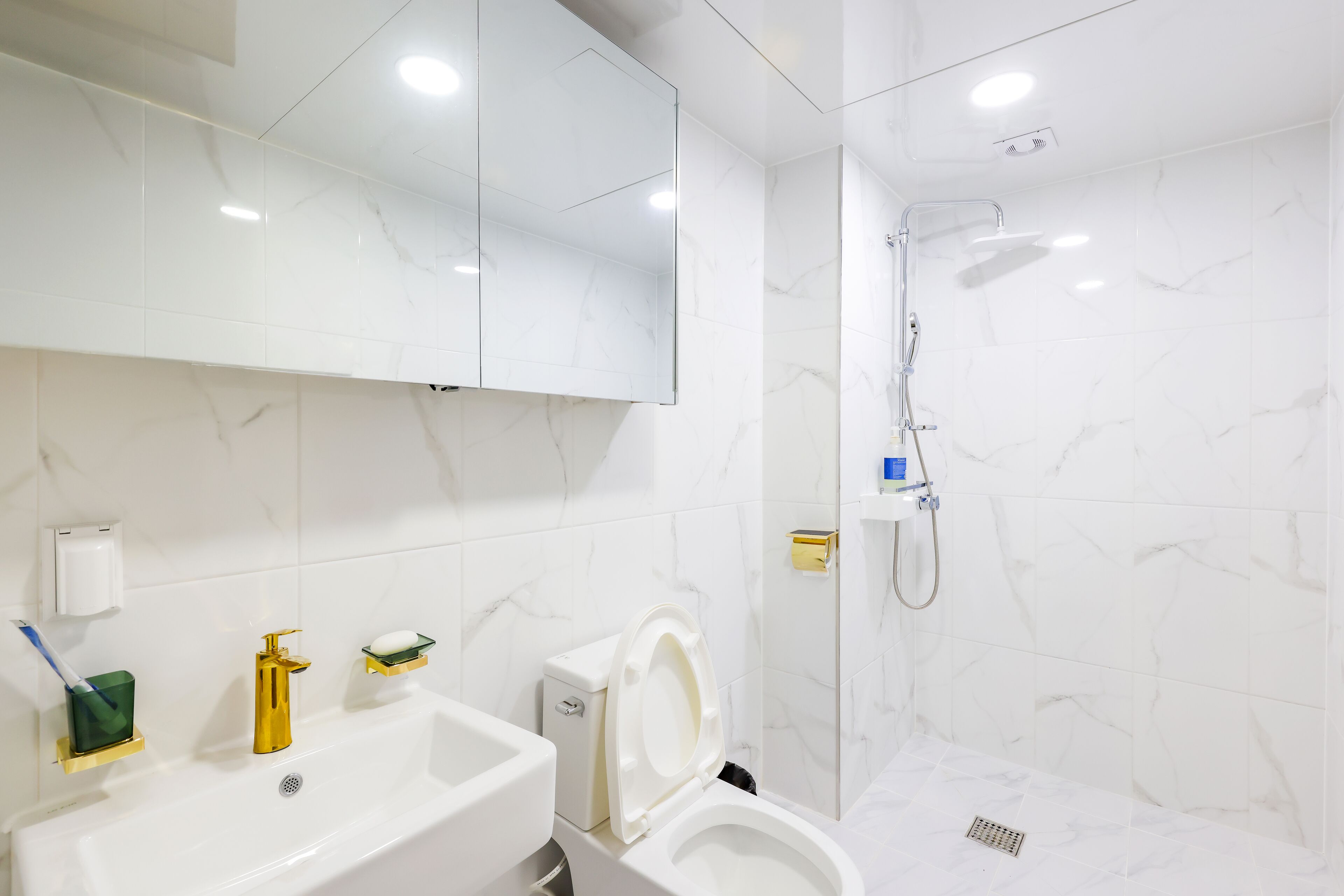 Shower, free toiletries, hair dryer, towels
