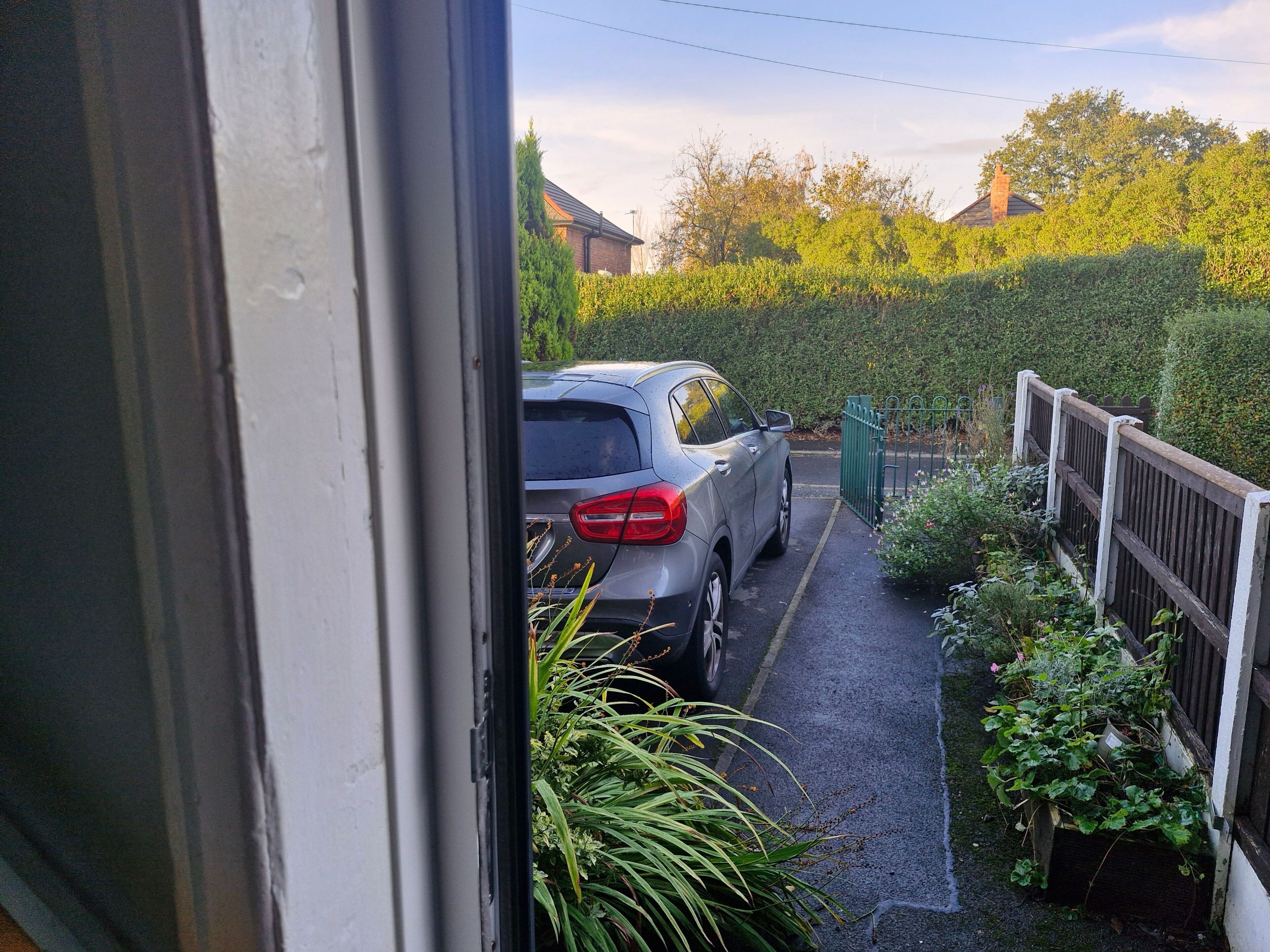 A view through a window of a car parked in a driveway with a wooden fence and greenery.