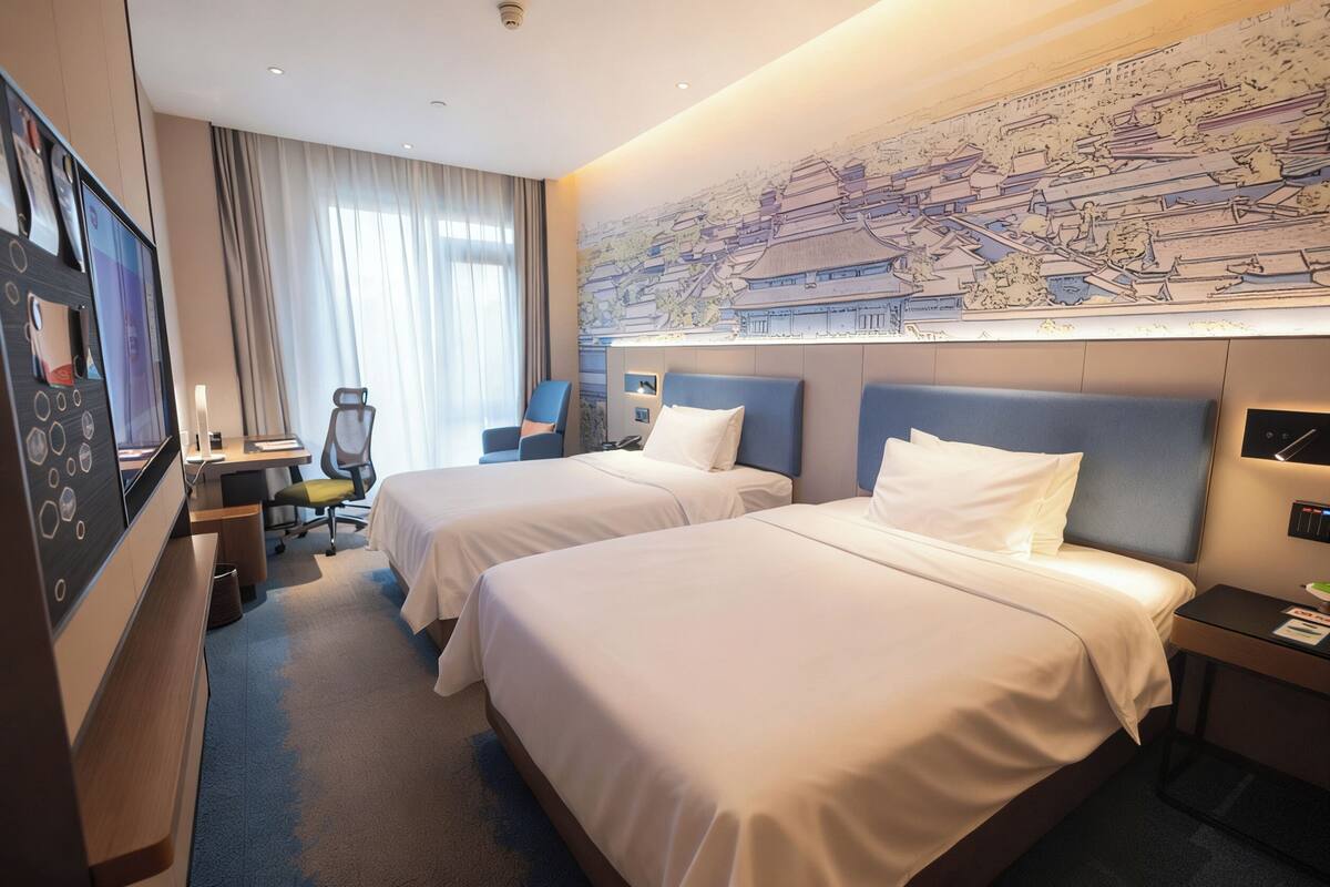 A hotel room with two beds, a desk, a chair, a TV, and a large wall mural.