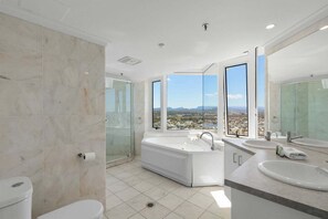 Hair dryer, towels, soap, shampoo