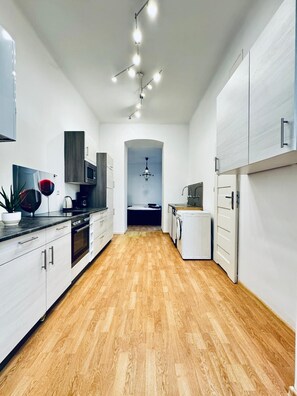 Basic Apartment | Private kitchen | Fridge, microwave, oven, stovetop