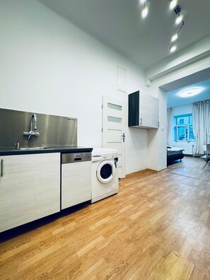 Basic Apartment | Private kitchen | Fridge, microwave, oven, stovetop