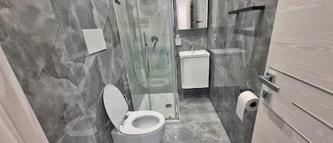 Shower, towels, soap, toilet paper