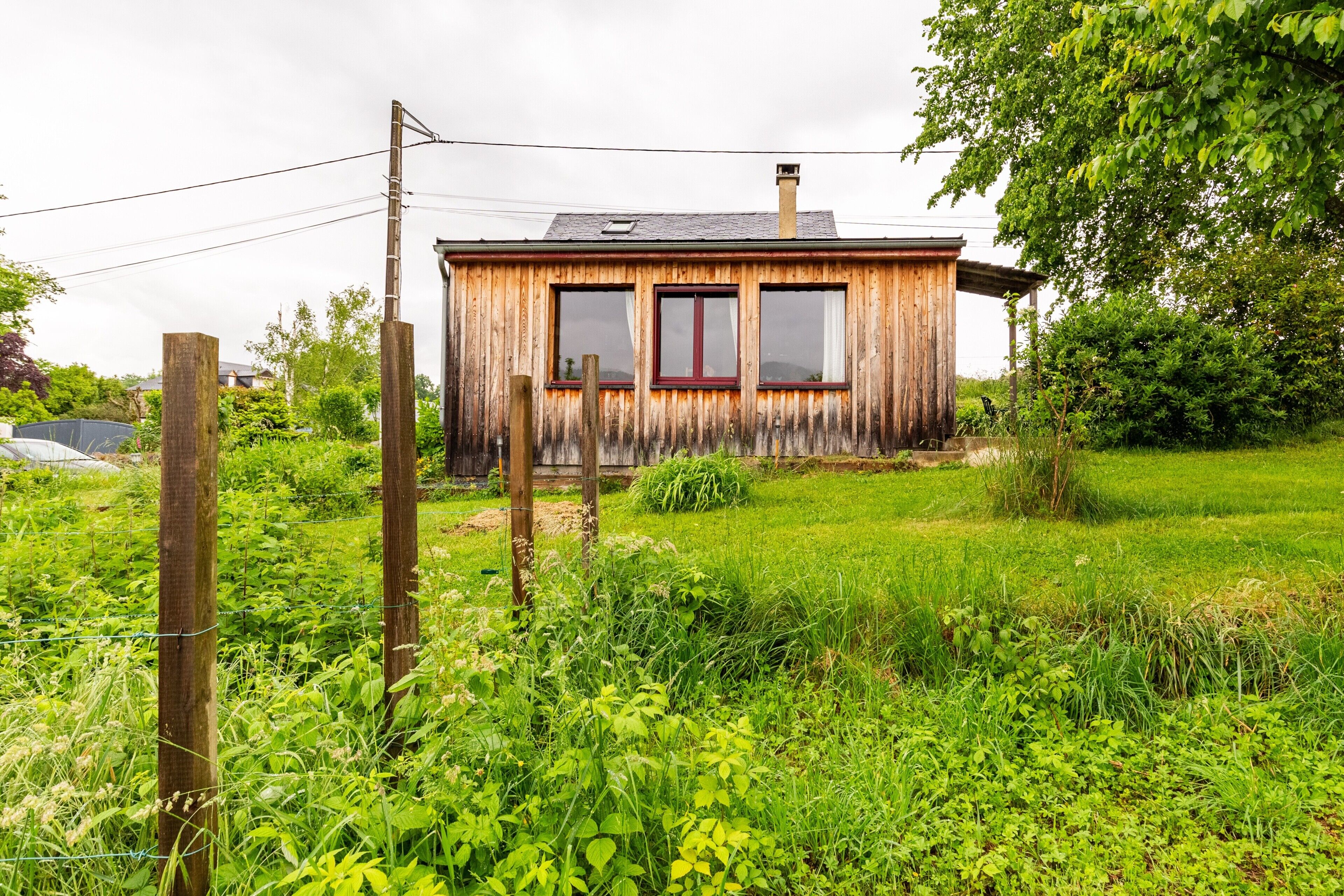 Een houten huis in rustieke stijl met rode vensterkozijnen, omringd door weelderige begroeiing en een gazon.